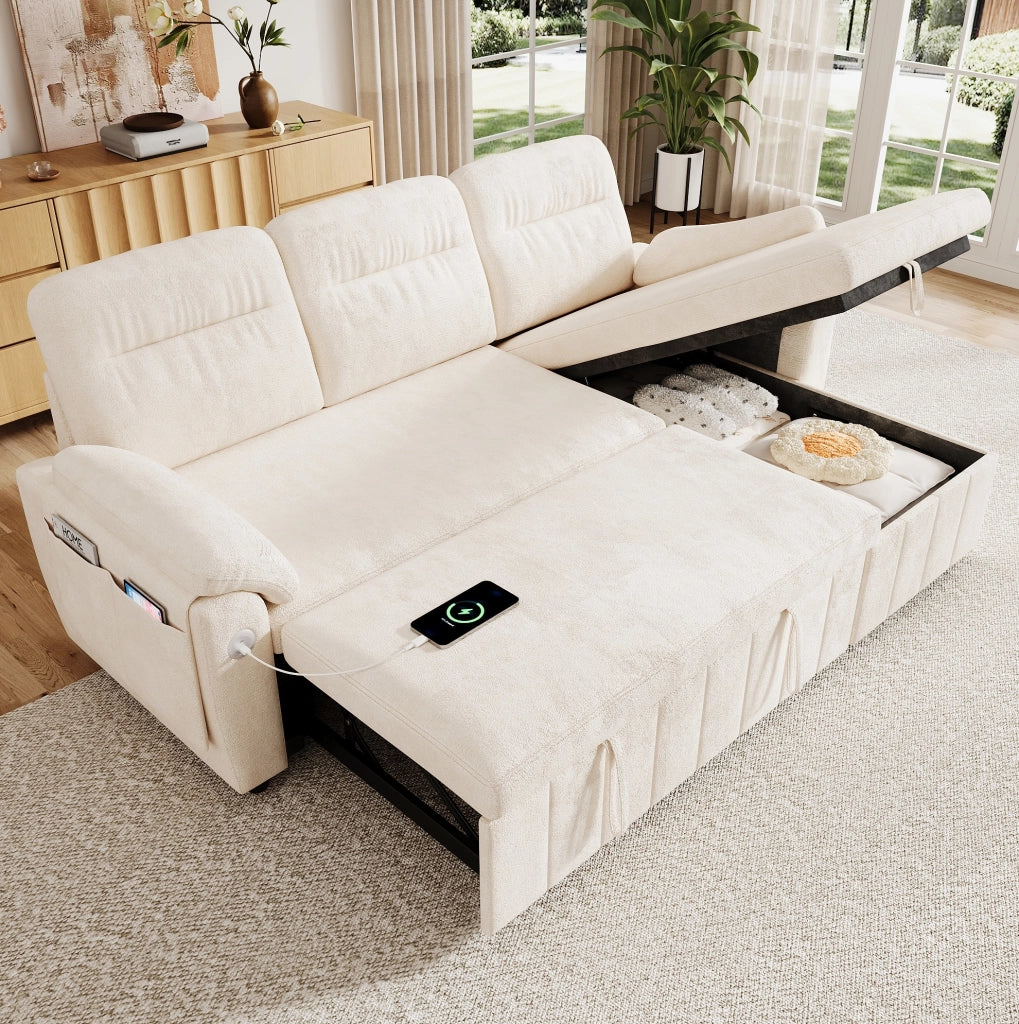 Divano angolare modulare con letto estraibile e porta USB/Type-C