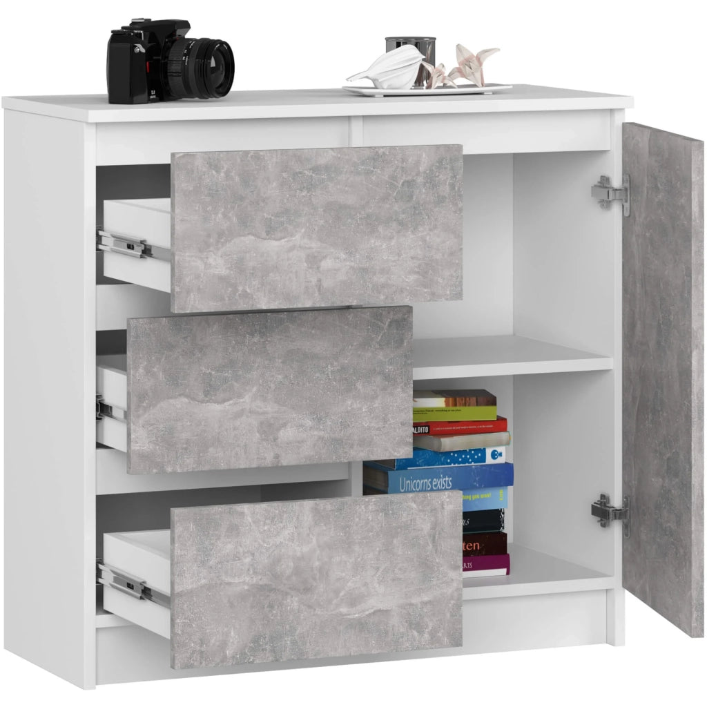 Cassettiera AKORD JERRY Cassettiera Bianca 80 cm 1 anta 3 cassetti inserto frontale Cemento 80x35x77 cm