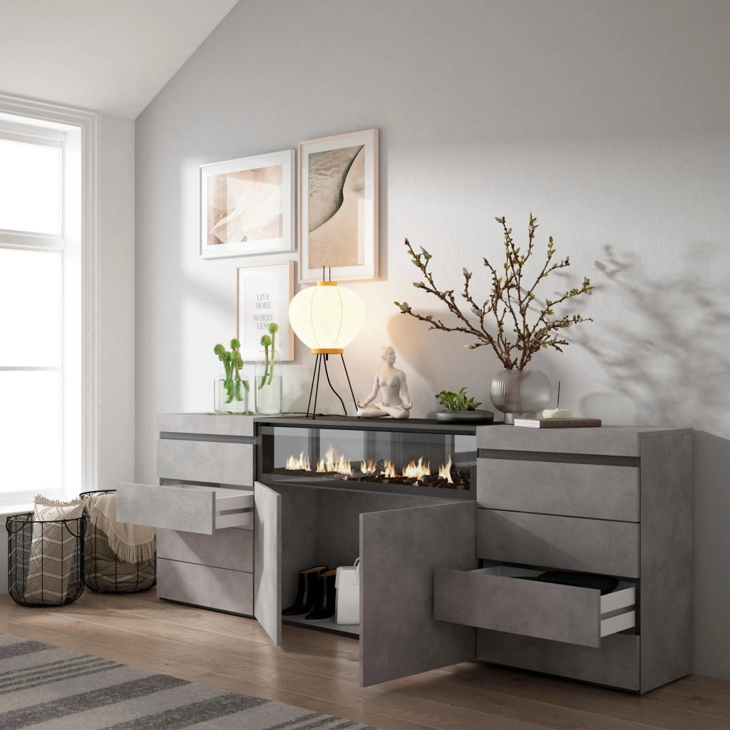 Cassettiera, 214x35x75cm, Camera da letto, Camino elettrico, grigio cemento RF3429