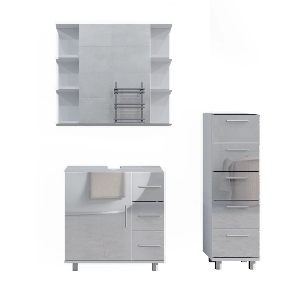 Vicco Set mobili bagno Bianco lucido 3 parti, con armadio midi