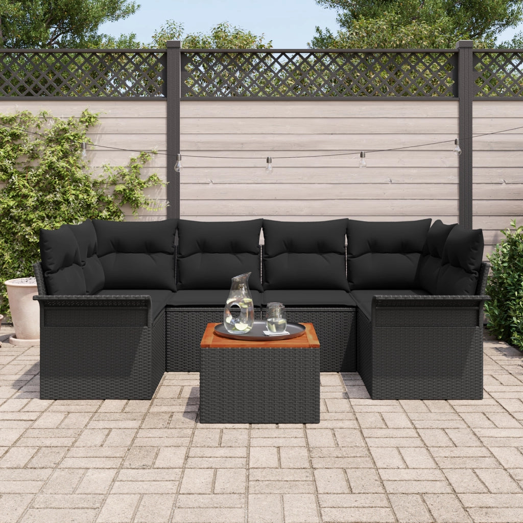 Set Divano da Giardino 7 Pezzi con Cuscini Nero Rattan Poly Acacia