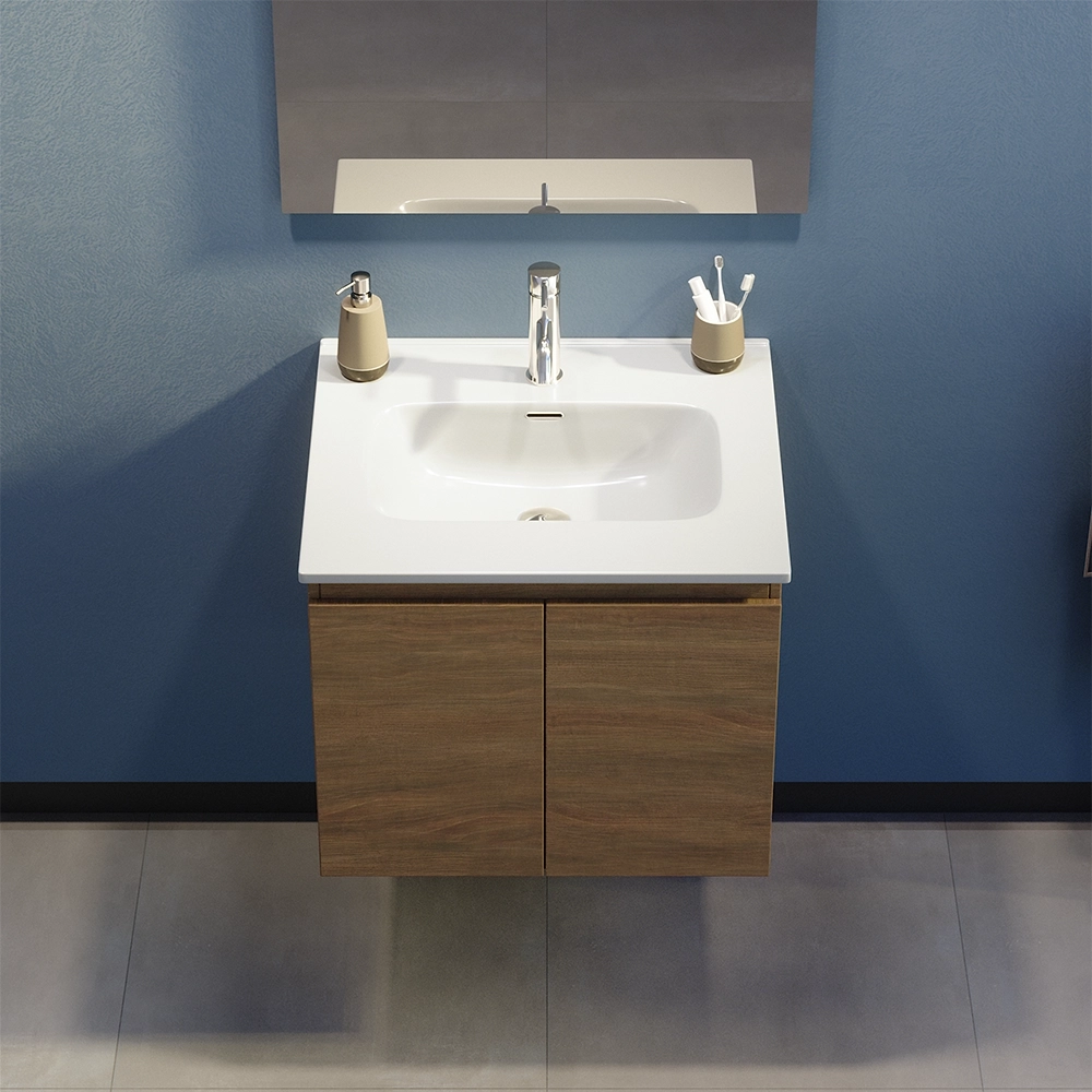 Mobile bagno sospeso 70 cm due ante rovere scuro lavabo e specchio | Yili