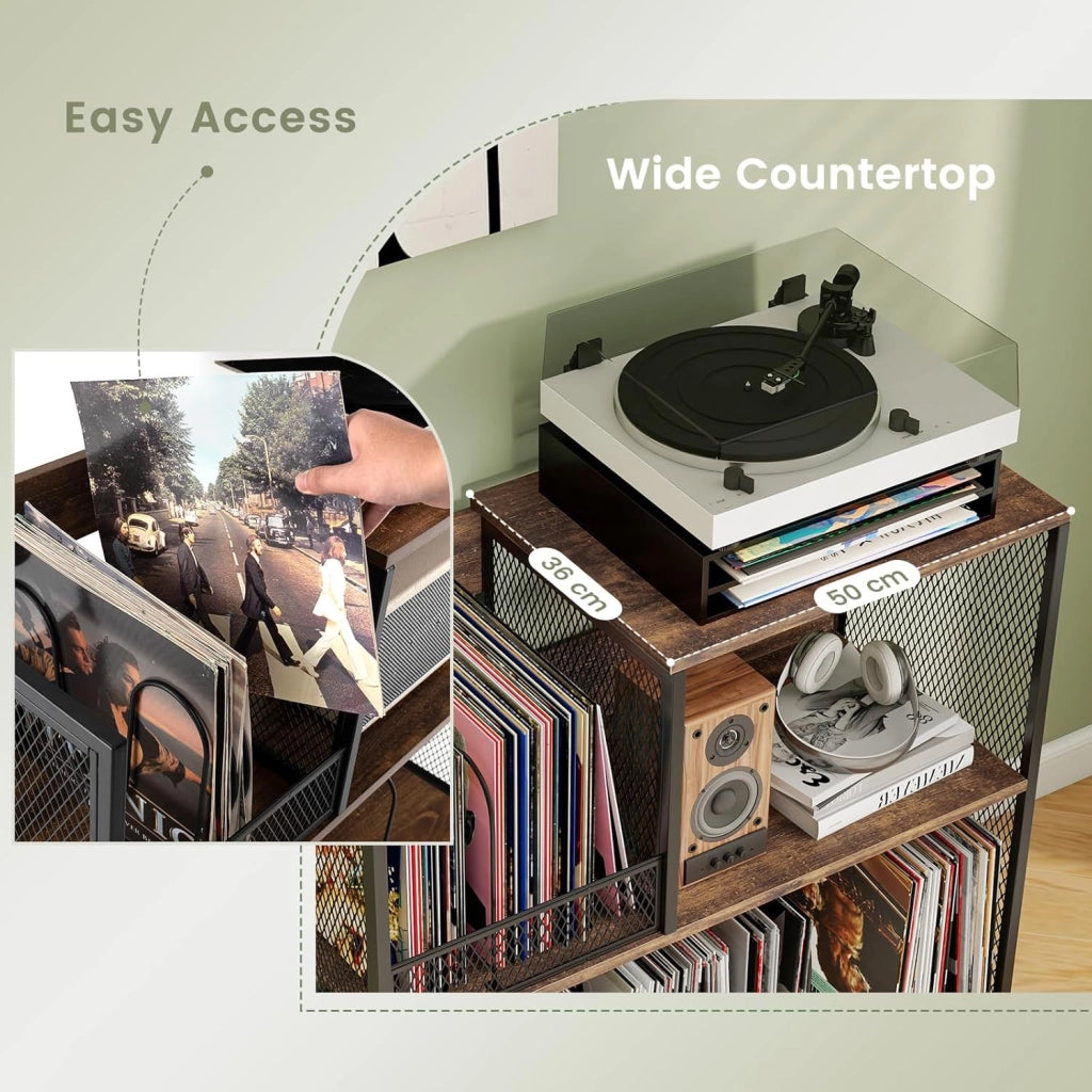 Supporto per Giradischi in Vinile Fino a 300 Album, Espositore per Dischi a 3 Ripiani con 3 Divisori Rimovibili, Mobile Giradischi in Legno e Metallo per Soggiorno, Camera da Letto (Marrone)