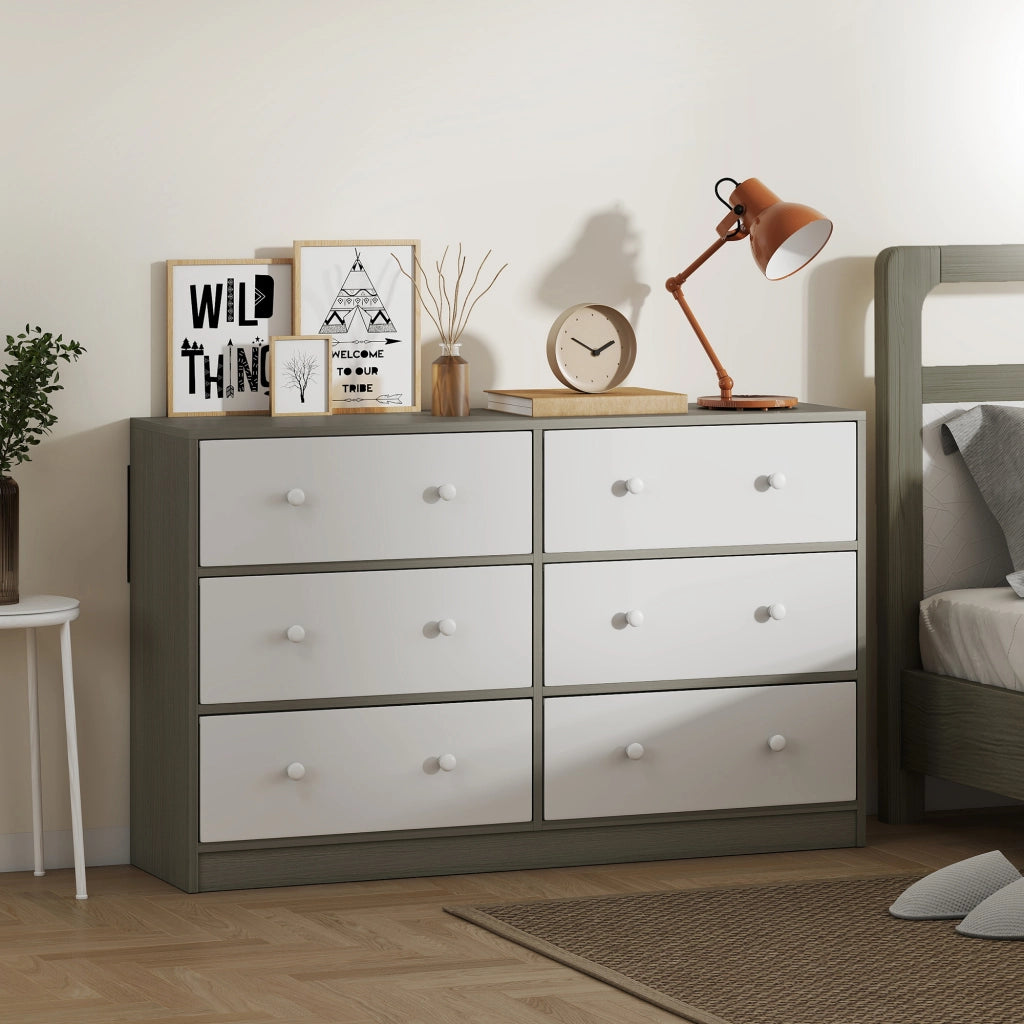 Cassettiera con 6 Cassetti in Tessuto 114x30x70 cm con Maniglie Doppie Struttura in MDF Bianco e Grigio
