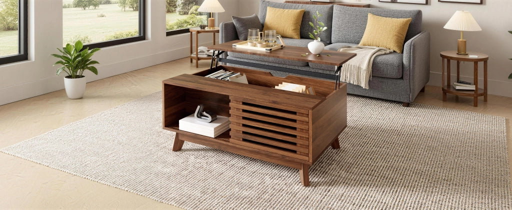 Tavolino basso con piano sollevabile e porta a persiana scorrevole per soggiorno in MDF noce 90 × 55 × 57,5 cm