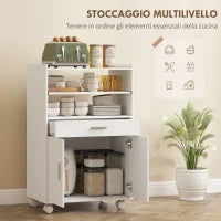 Mobile Microonde in Legno con Cassetto, Armadietto a 2 Ante e 2 Ripiani, 59x40x92 cm, Bianco