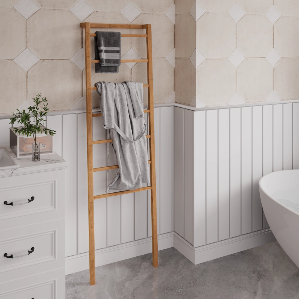 Scala porta asciugamani in bambù naturale a 7 pioli, design minimalista per bagno e casa