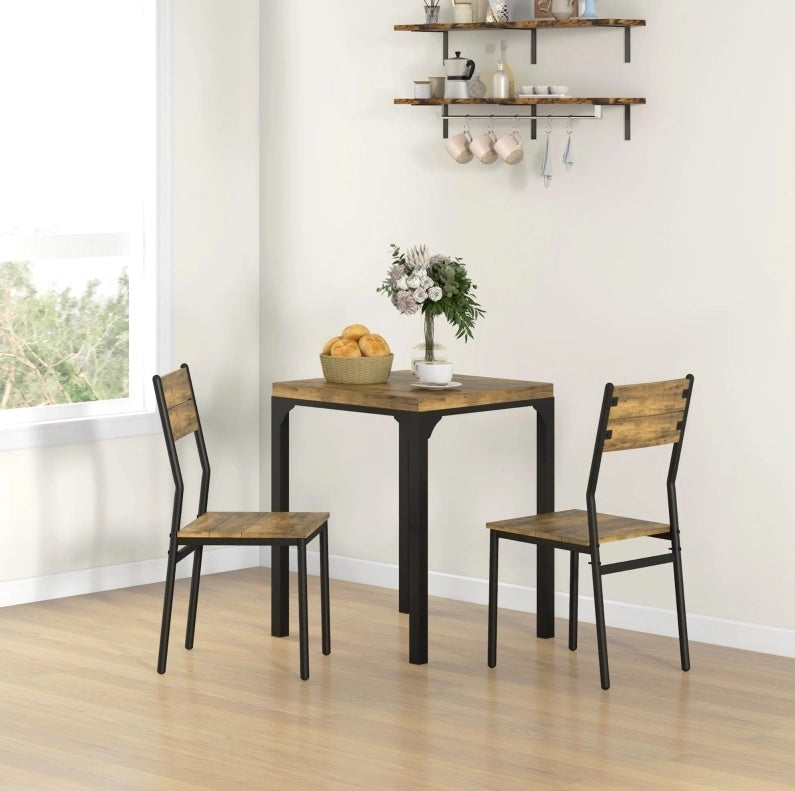 Set da pranzo 3 pezzi con tavolo e 2 sedie in MDF e metallo marrone