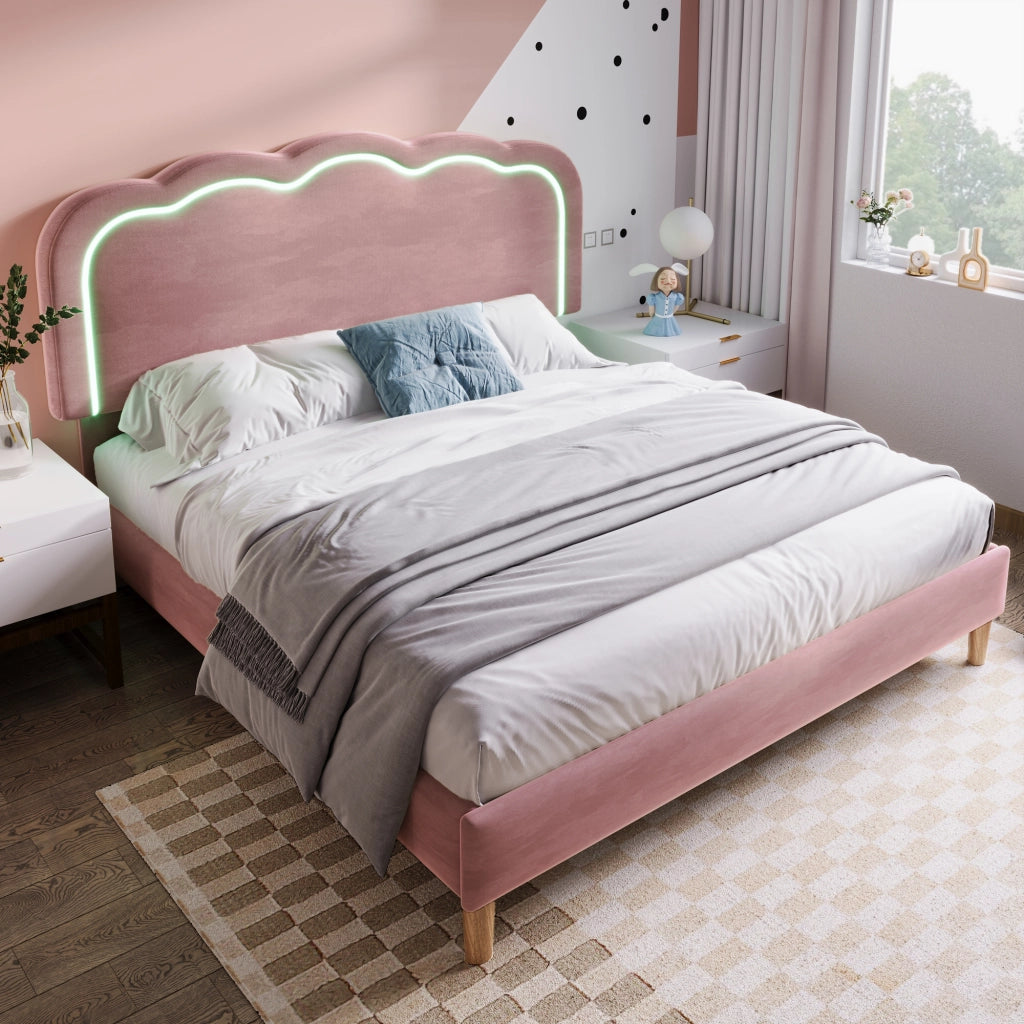 Letto imbottito LED 140 x 200 cm in velluto rosa, con testiera regolabile e rete inclusa