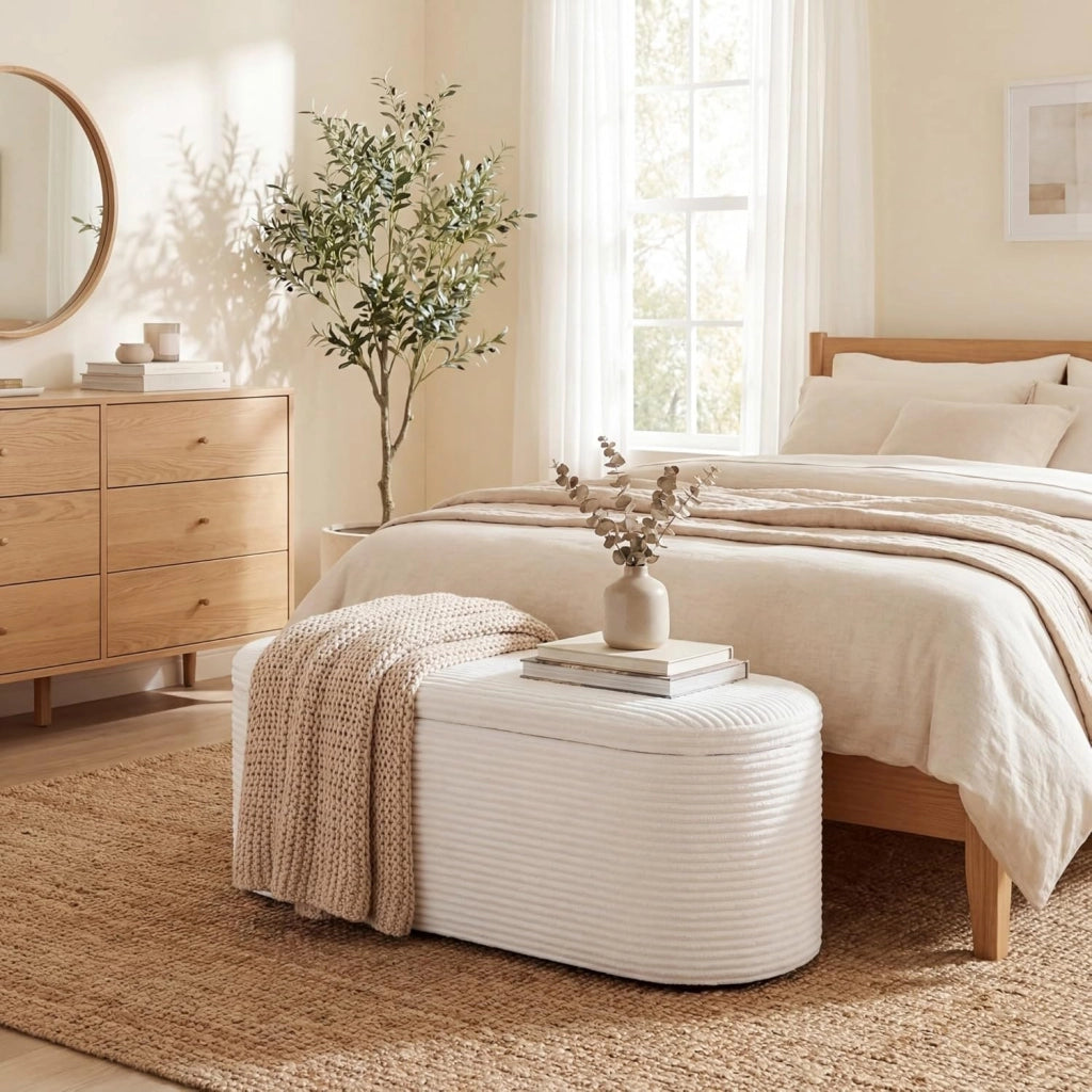 Pouf Poggiapiedi Imbottito 120 X 46 X 48 CM, Poggiapiedi Divano con Velluto a Coste e Spugna ad Alta Densità, Pouf Ovale con Base Antiscivolo per Soggiorno, Camera da Letto, Beige