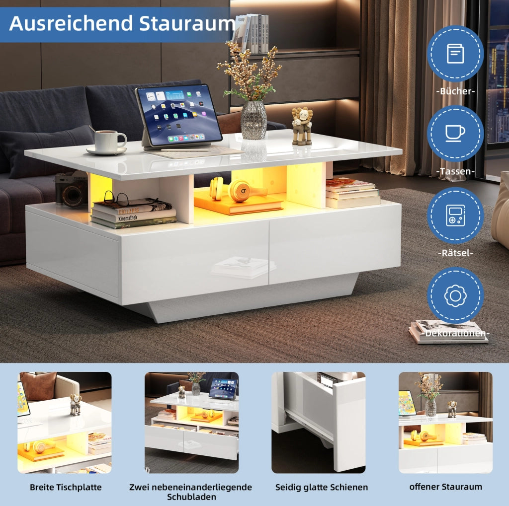 Tavolino da salotto moderno lucido con LED; 2 cassetti; 90x55x41 cm; bianco