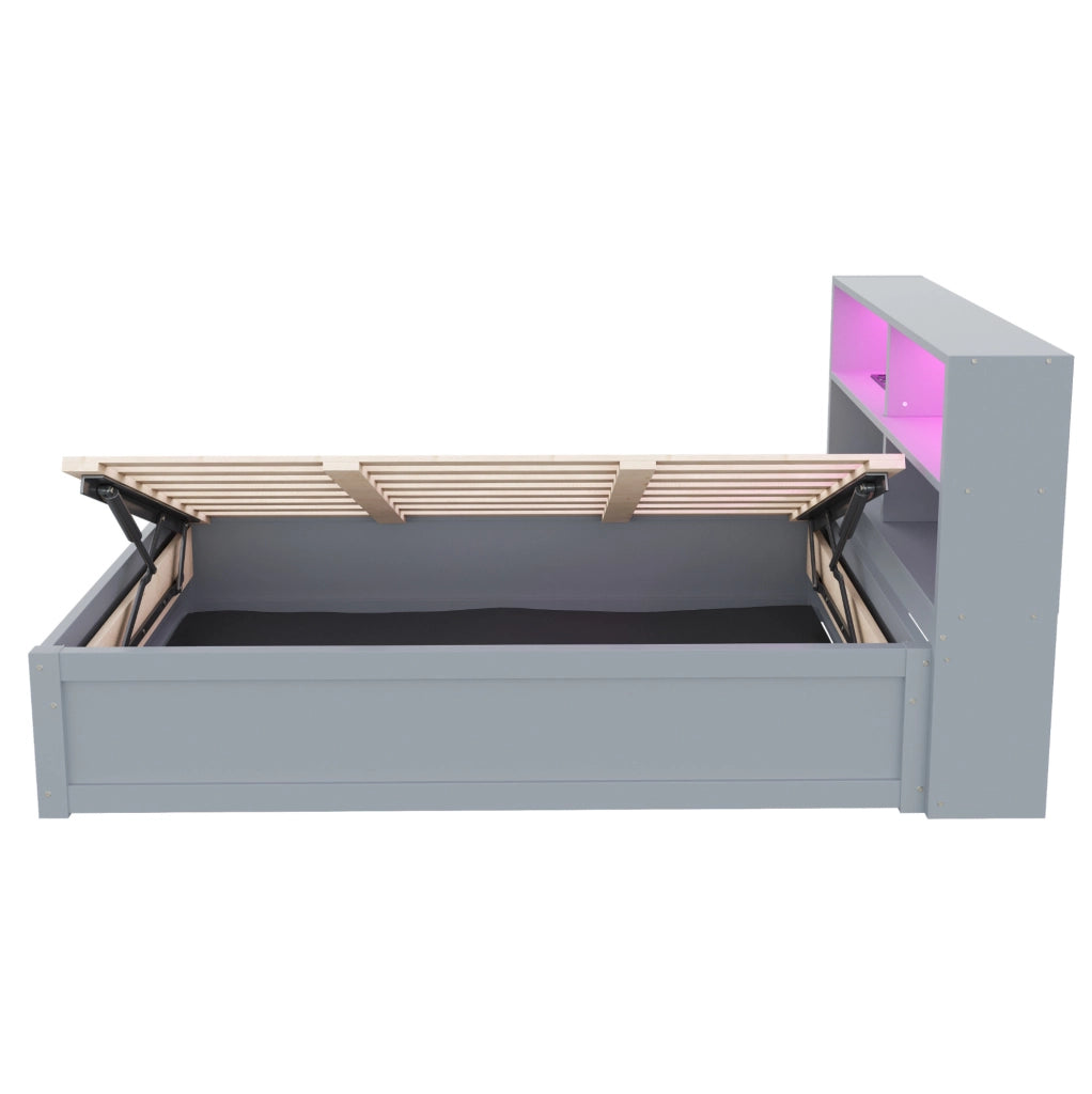 Letto 90x200 cm con presa multifunzione; LED e vani portaoggetti in legno grigio