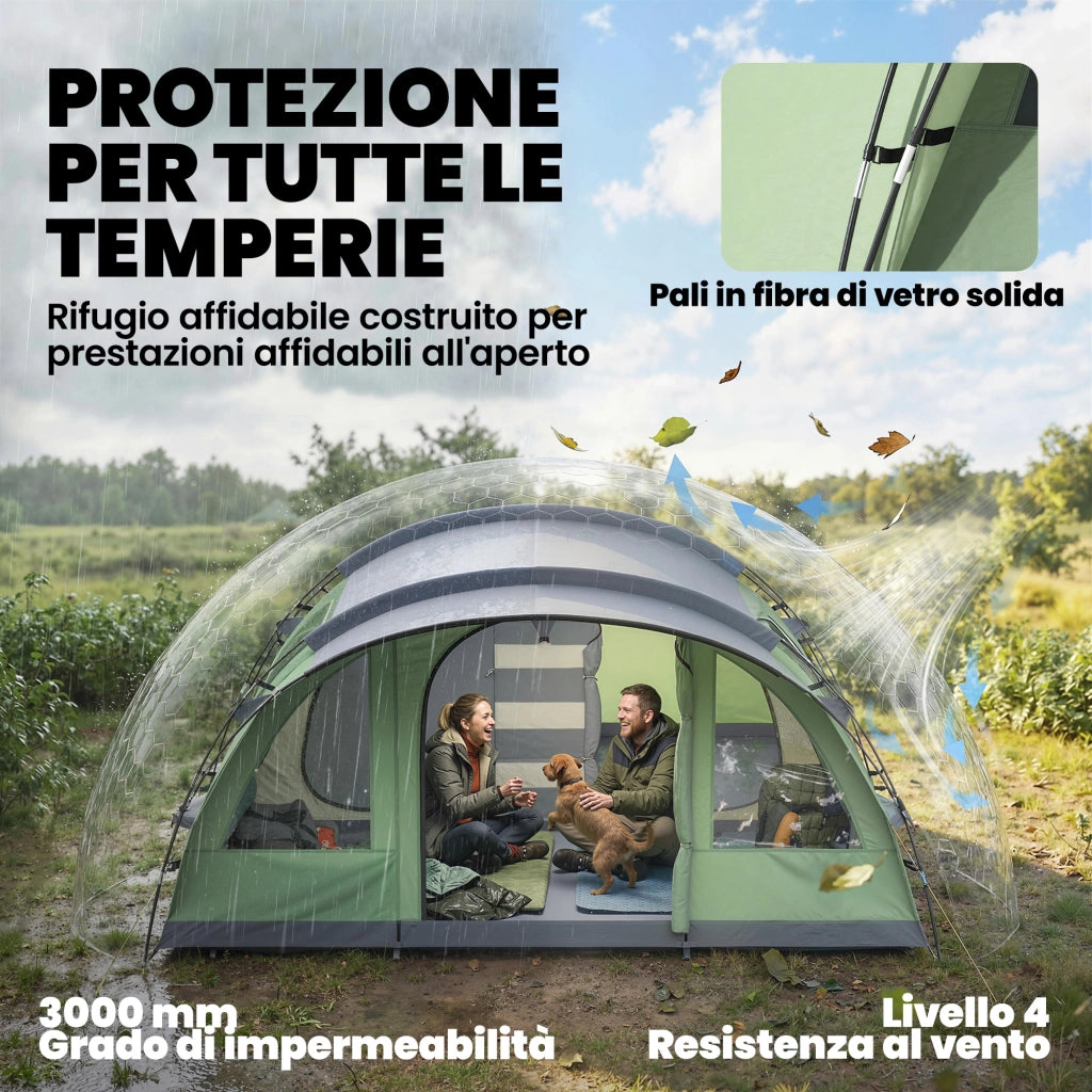 Tenda Campeggio-Grande Tenda Multi-Stanza per 5 Persone, con Finestre e Veranda, Verde