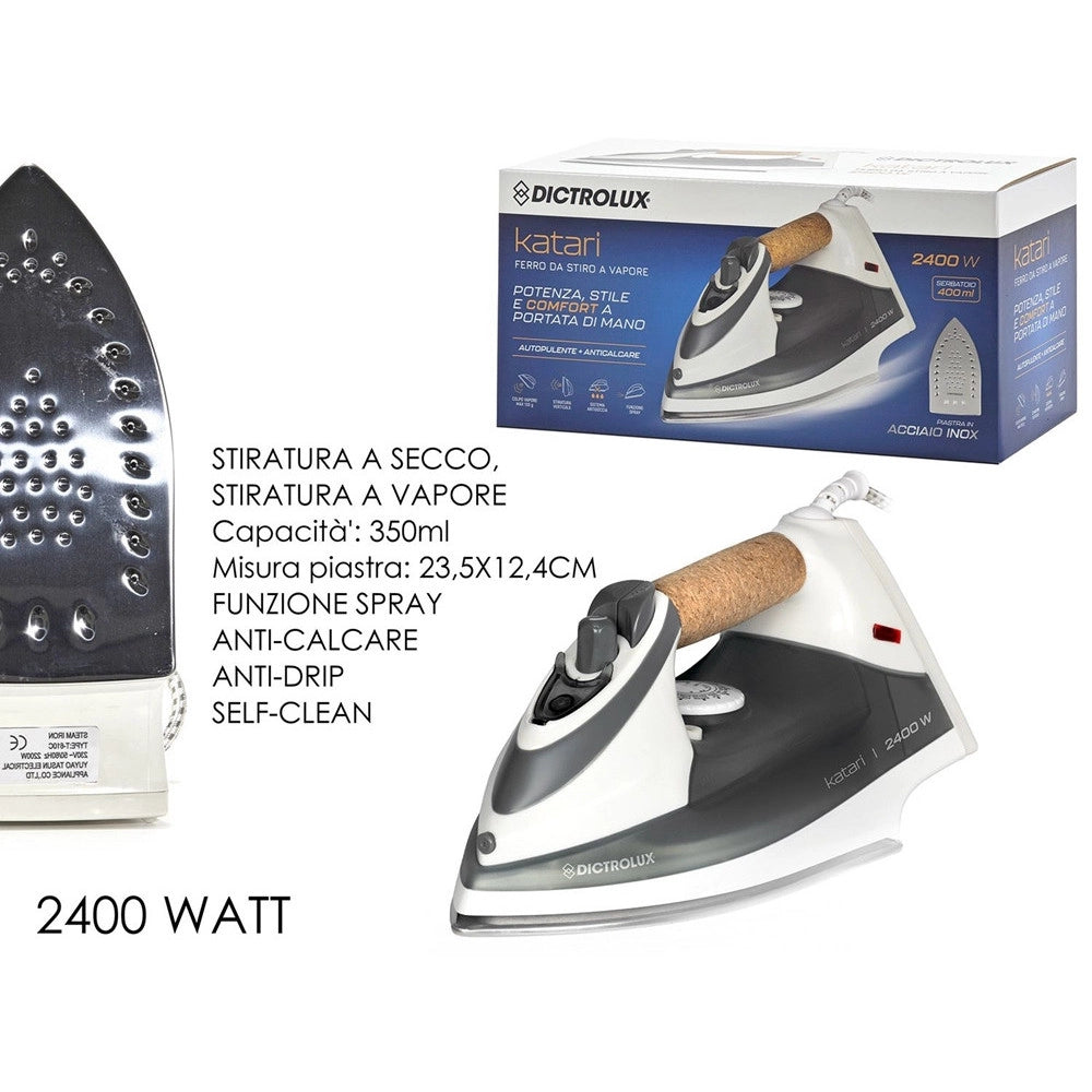 Trade Shop - Ferro Da Stiro A Vapore 2400 Watt 400ml Autopulente Anticalcare Con Manico In Sughero -