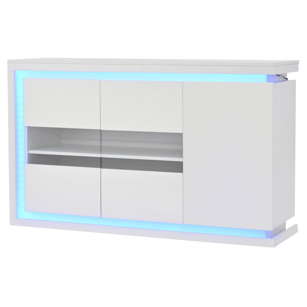 Madia 140x40x84 cm con luci LED telecomandate e 3 ante in truciolato e vetro bianca