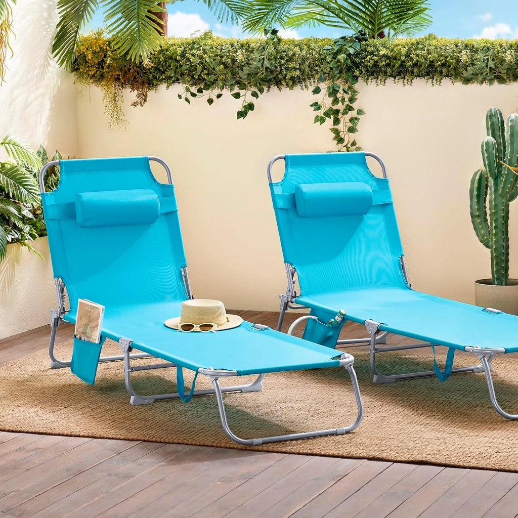Set di 2 Sdrai da Giardino Lettino Prendisole con Cuscino e Tasca Laterale Sedia Sdraio da Esterno per Patio, Campeggio Spiaggia, Sdraio Pieghevole da Giardino Azzurro 155x56x81cm OGS35-Bx2