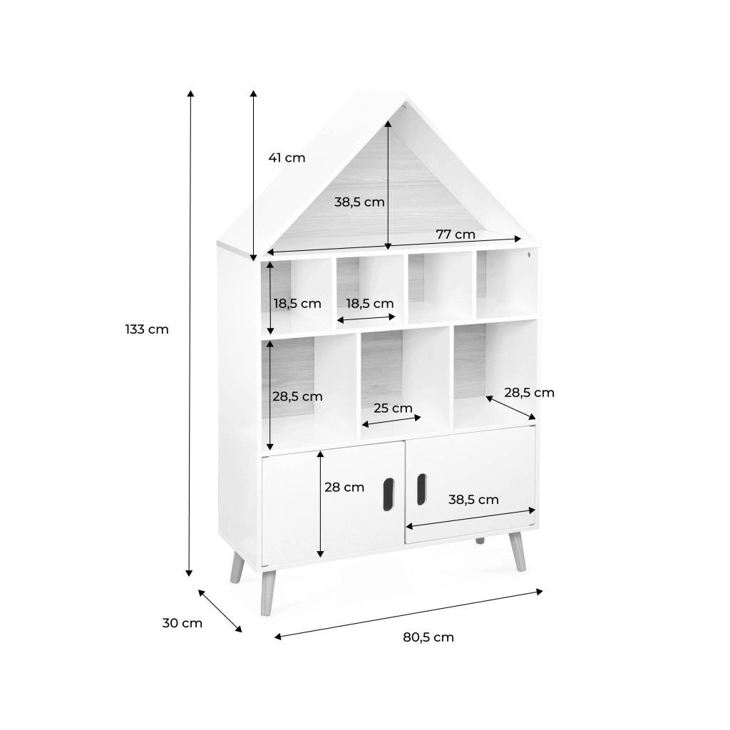 Scaffale per bambini in legno a forma di casa, bianco