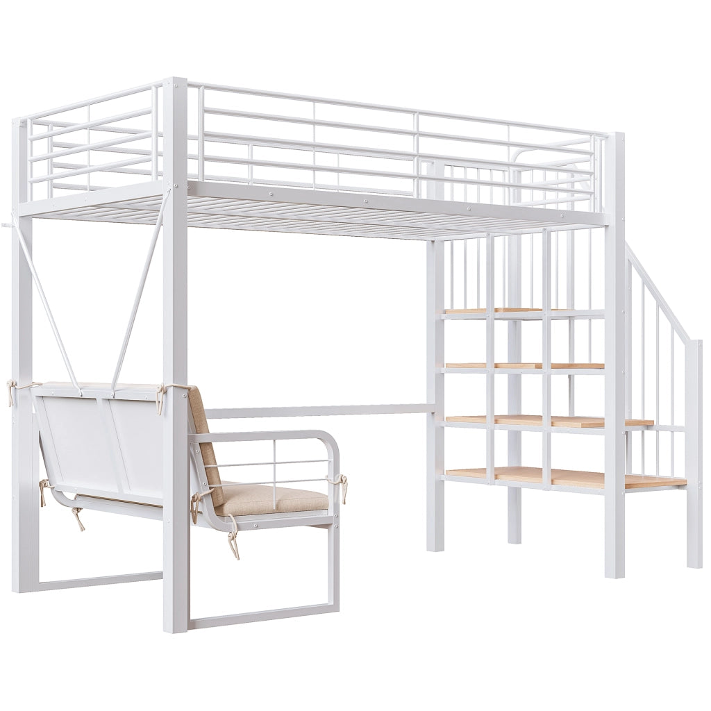 Letto a castello in metallo e MDF 90x200 cm con divano imbottito removibile, scala contenitore e struttura salvaspazio, bianco/nero