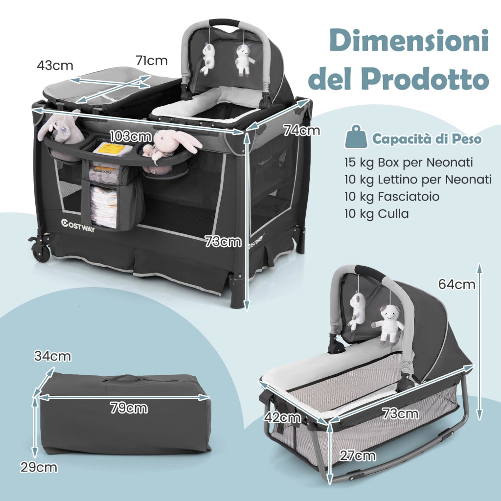 Lettino viaggio 5 in 1 pieghevole culla removibile fasciatoio materasso-Box bambini ripiano portaoggetti ruote bloccabili neonati Grigio
