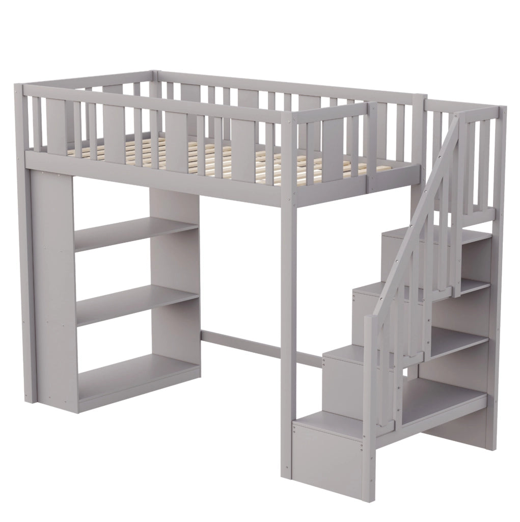 Letto a soppalco 90x200 cm grigio – con contenitori e scala, senza materasso