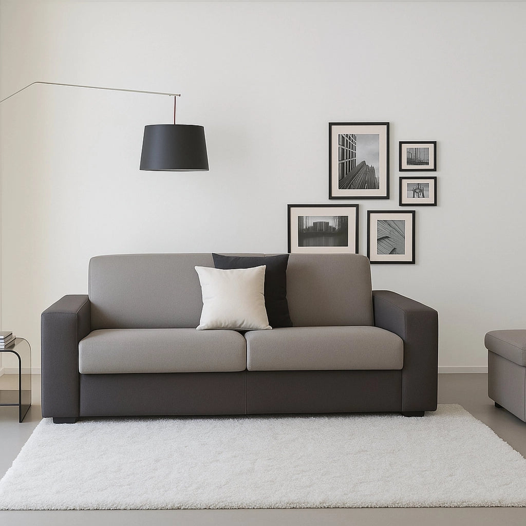 Divano fisso Cianite, Divano a 2 posti Large, Made in Italy, SofÒ  Soggiorno, in tessuto imbottito, con Braccioli slim, cm 180x95h90, Grigio e Antracite