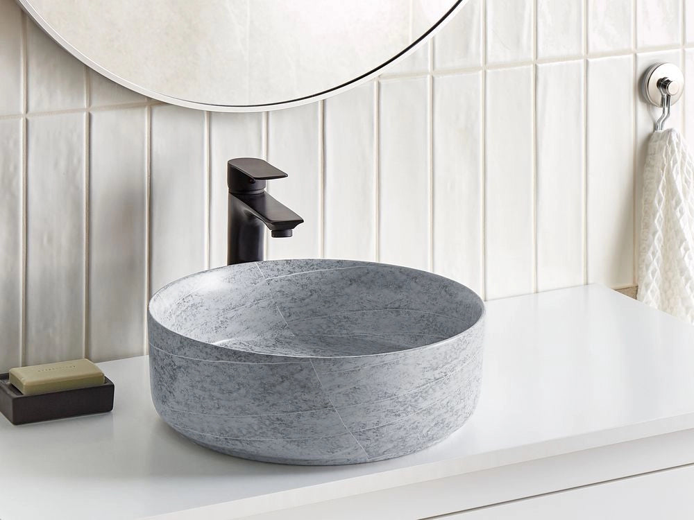 Lavandino da appoggio Grigio Ceramica 37 cm Opaco Lavandino da bagno rotondo effetto granito