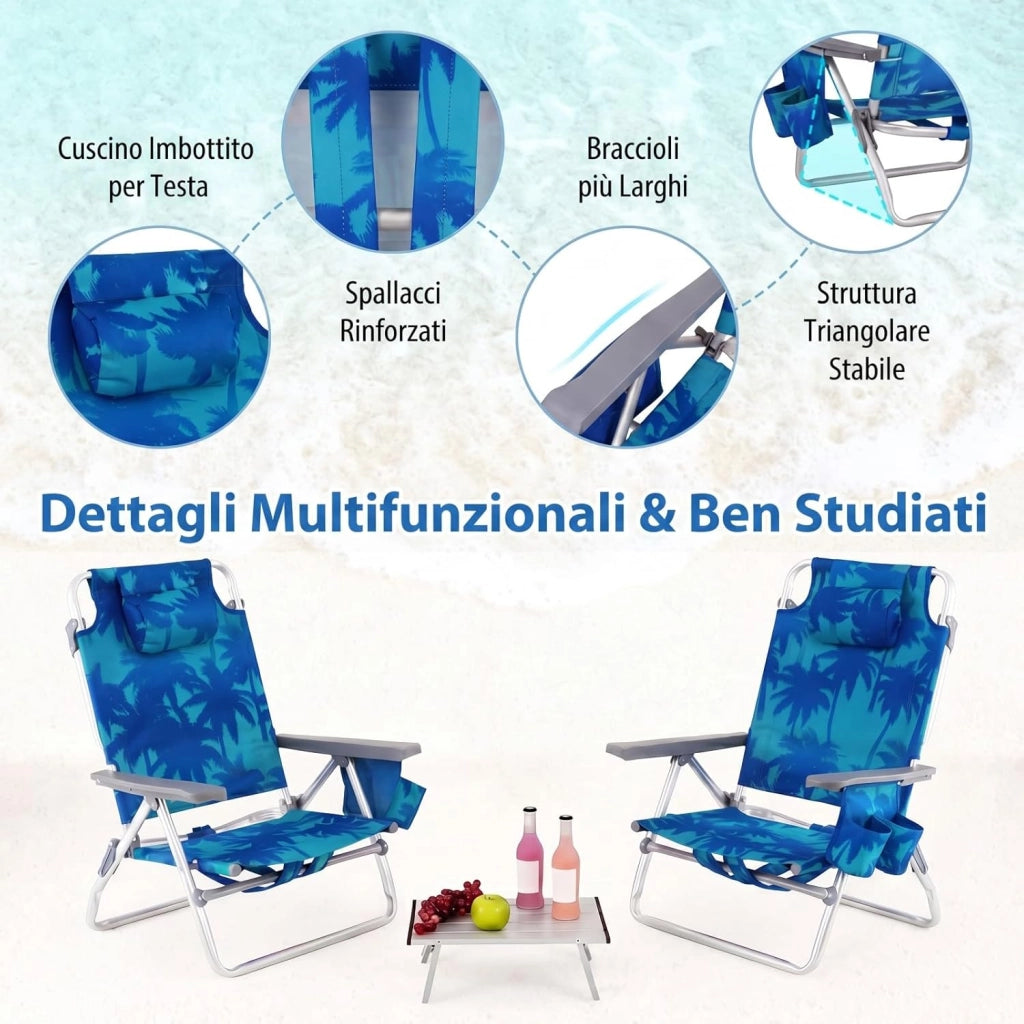 Set di 2 Sedie e Tavolino da Spiaggia Pieghevole, Schienale Regolabile a 5 Livelli, con Portatesta, Borsa Portaoggetti, Borsa Termica, per Campeggio Picnic Esterno (Albero, Modello 2)