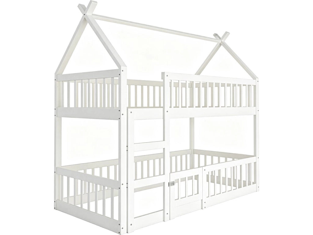 Letto a castello a forma di casetta in legno con scaletta "Laith" - 90 x 190 cm - Bianco