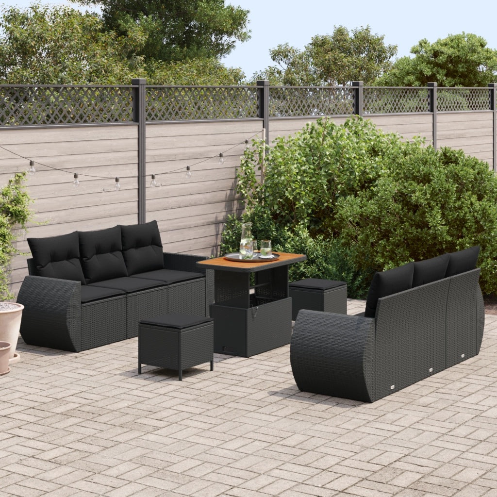 Set di Divani da Giardino 9 Pezzi con Cuscini Nero Poly Rattan Acacia