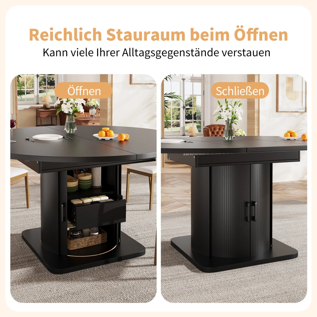 Tavolo allungabile per 4-6 persone con maniglia in metallo e spazio contenitore, stile moderno, in MDF, nero, 118 × 118 × 76 cm