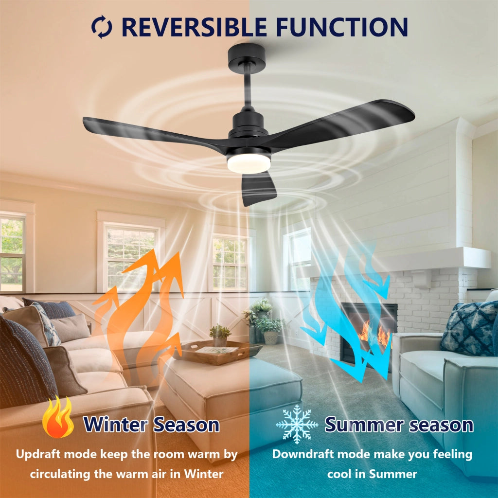 Ventilatore da soffitto in legno massello 52 pollici, 3 pale a spirale completamente nere, motore DC reversibile silenzioso, design moderno