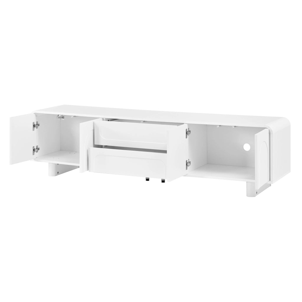 TV lowboard moderno con ante e cassetti, bianco, con angoli arrotondati e passacavi