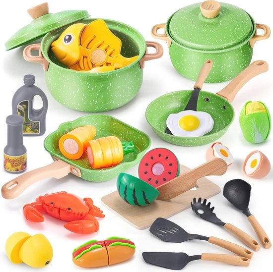 Set di Cucina per Bambini in Acciaio Inossidabile con Accessori da Cucina e Prodotti da Cibo - Ideale per Giochi di Ruolo e Attività Creative