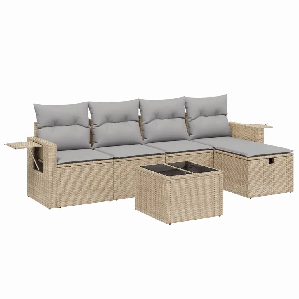 Set Divano da Giardino 6 pz con Cuscini Beige Misto Polyrattan