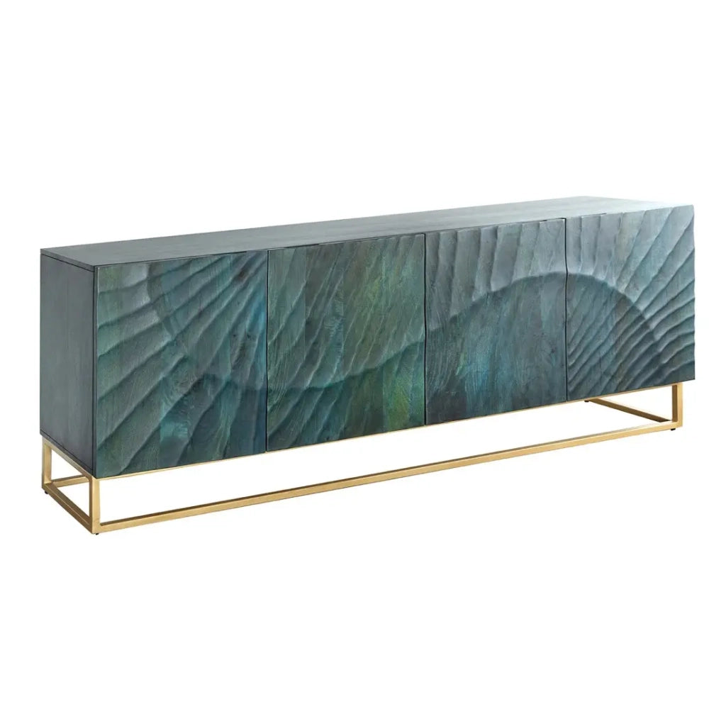 Buffet LUMBER 180 cm – Legno scolpito turchese e dorato, stile design contemporaneo