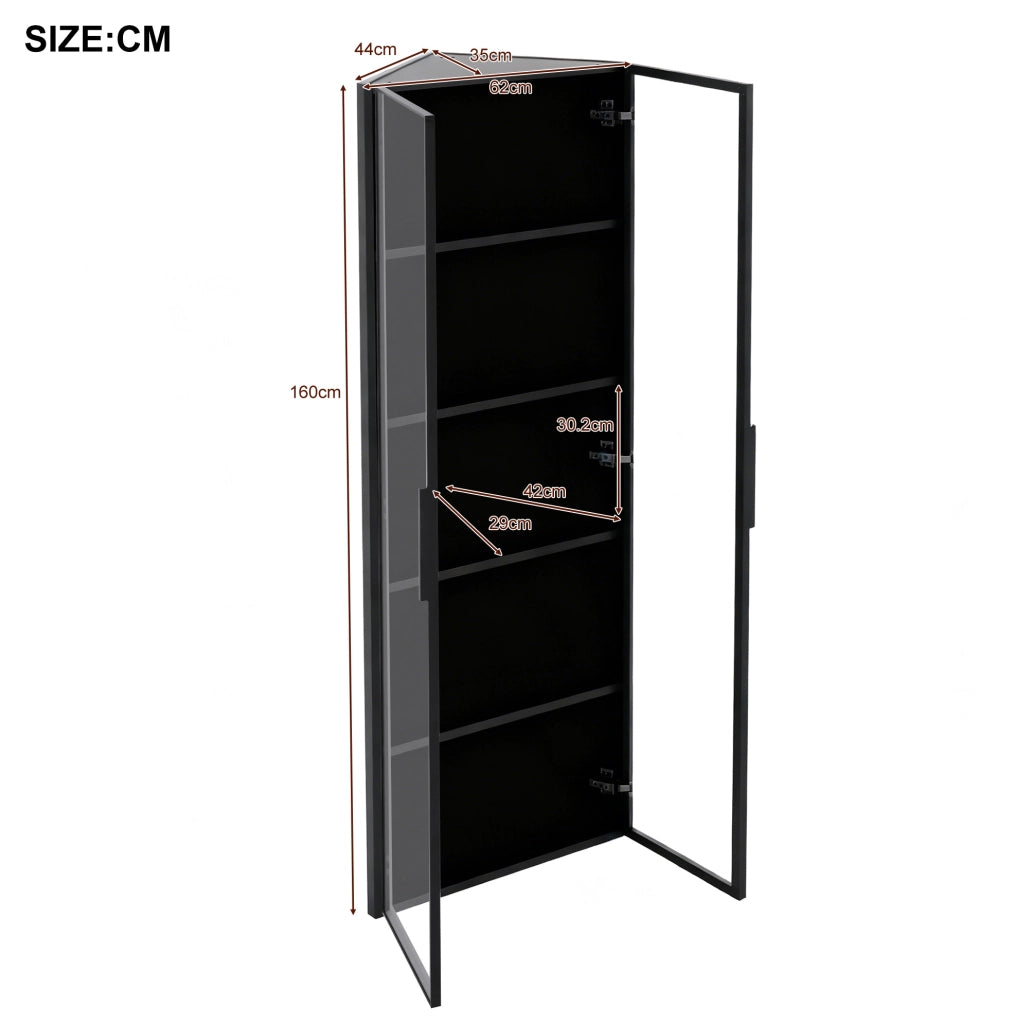 Vetrina angolare 62x35x160 cm nera MDF e vetro, LED integrati