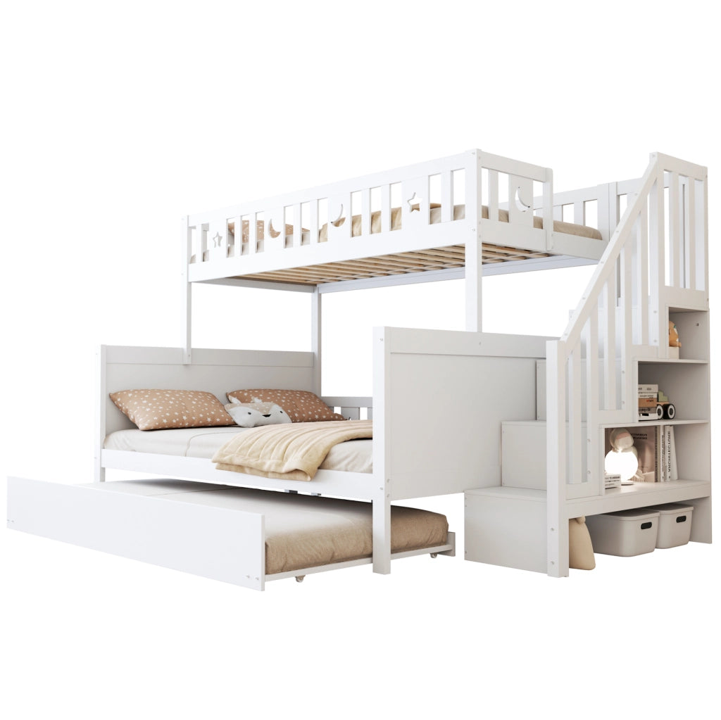 Letto a castello multifunzione con scala contenitore 90x200/140x200 cm; bianco