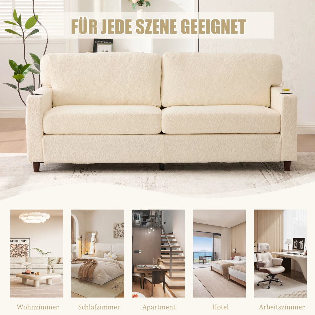 Divano a due posti beige in chenille con USB-C, LED e portabevande