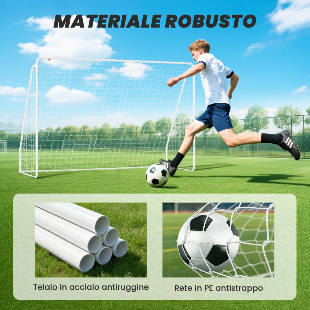 Porta da Calcio per Giardino 301x120x200 cm con 6 Picchetti a U in PE e Metallo Epossidico Bianco