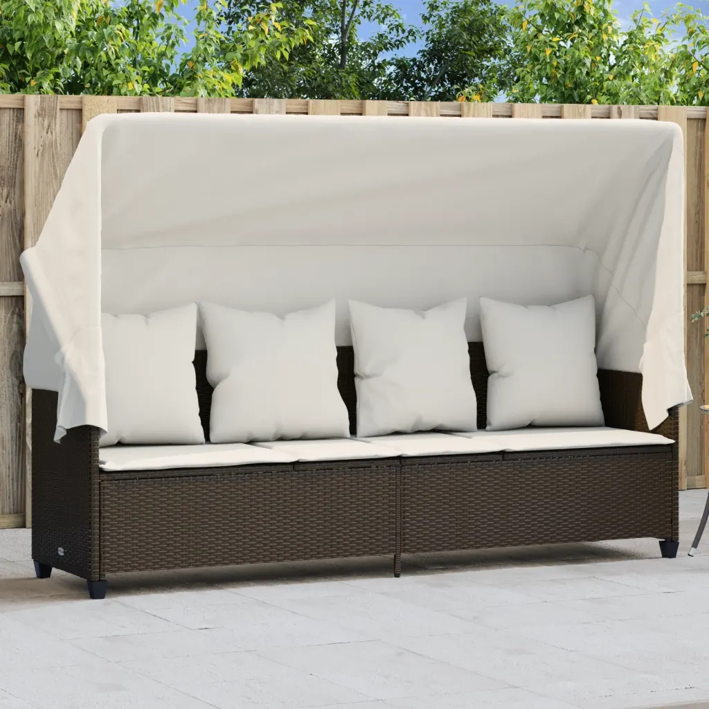 Lettino Prendisole con Baldacchino e Cuscini Marrone Polyrattan 368354