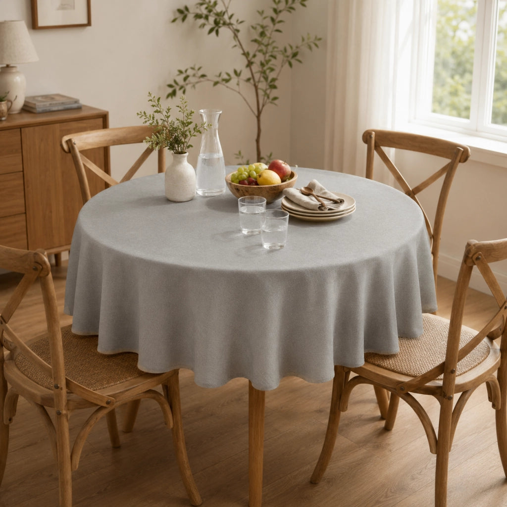 Tovaglia rotonda 160 cm colore grigio; tessuto effetto lino idrorepellente; lavabile in lavatrice; design moderno per tavolo da pranzo interno