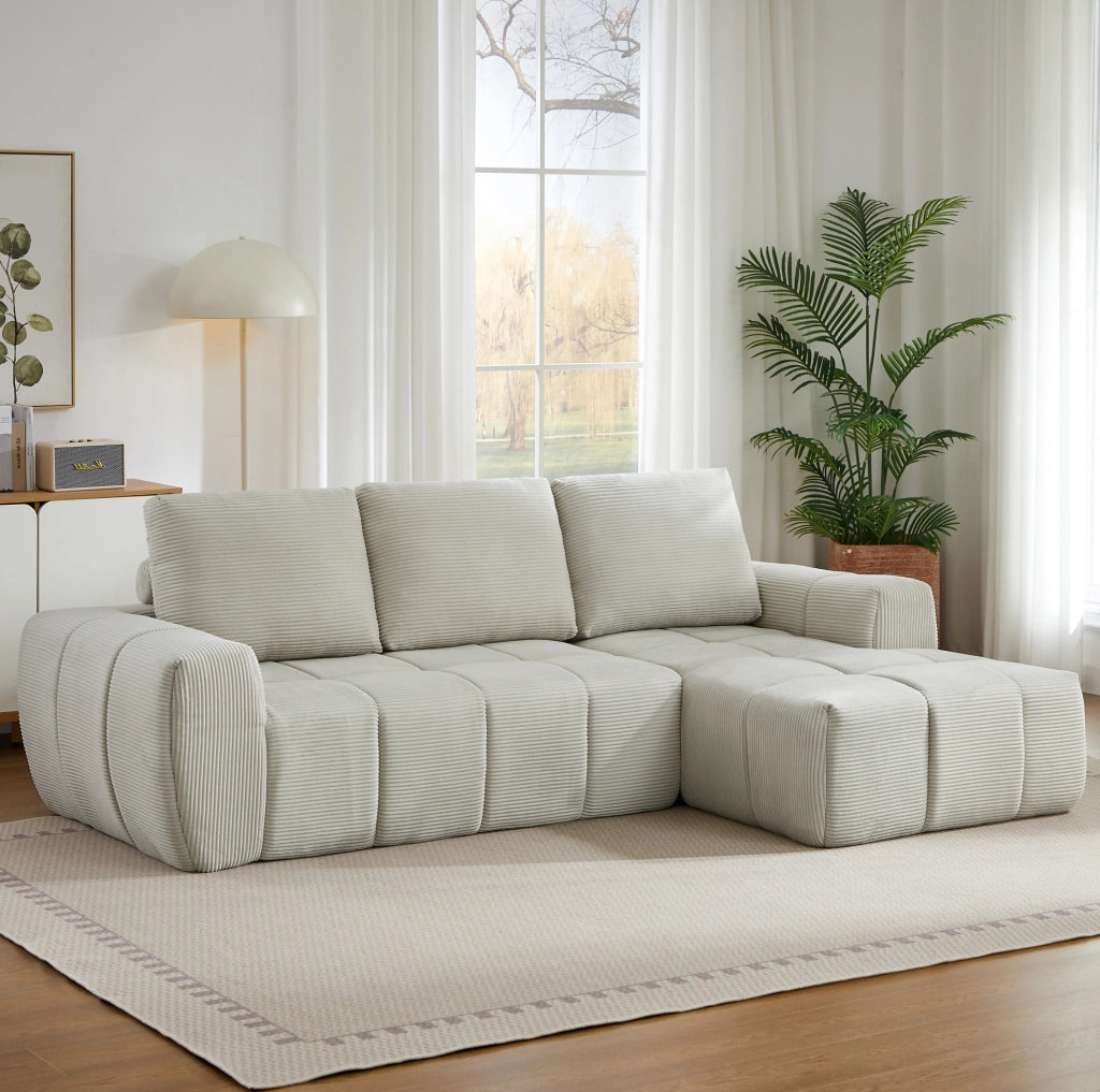 Divano angolare beige in velluto a coste; schiuma e molle insacchettate
