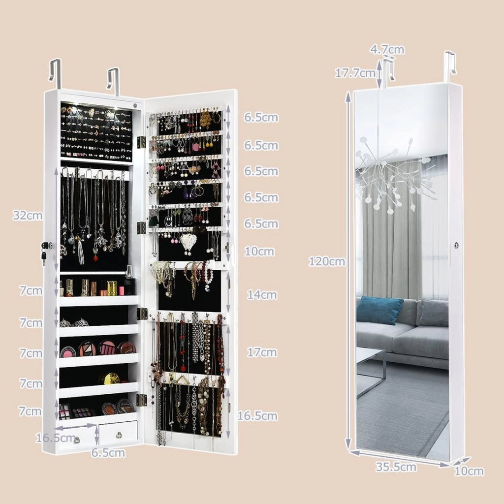 Armadio per Gioielli da Parete, con Luce a LED, 2-In-1 Design, Armadietto con Specchio Salvaspazio, 120 x 36 x 10 cm (BIANCO)