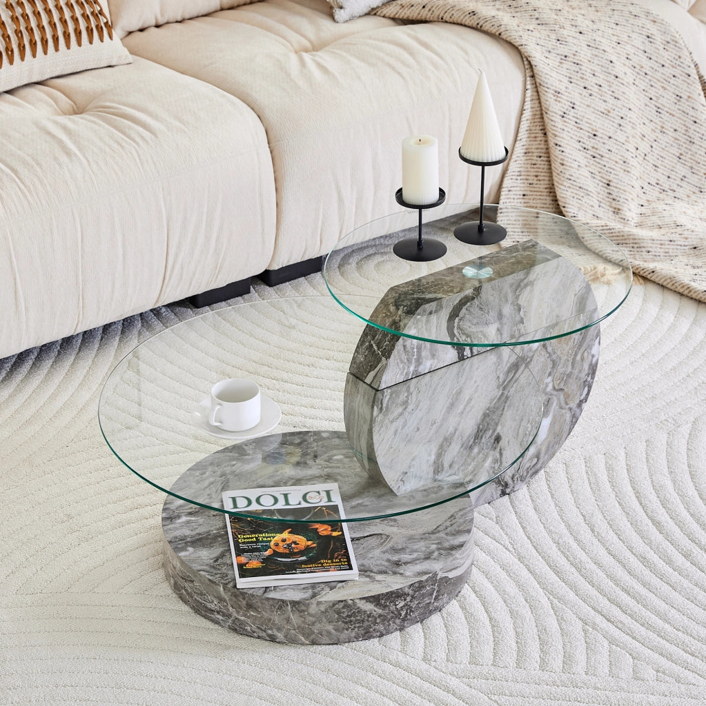 Tavolino da caffè con doppio piano in vetro e base effetto marmo; MDF e vetro; grigio