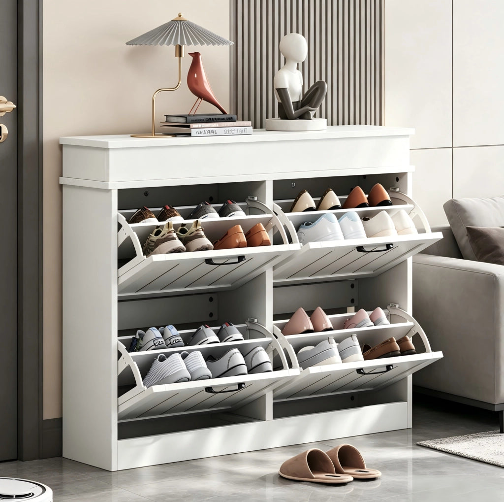 Scarpiera sottile in MDF bianca 105x24x83 cm con 4 ante