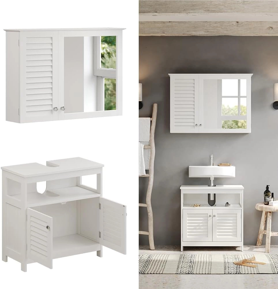 Set di mobili da bagno Riad, Bianco, 60 cm, composto da specchio da bagno e mobile sottolavabo