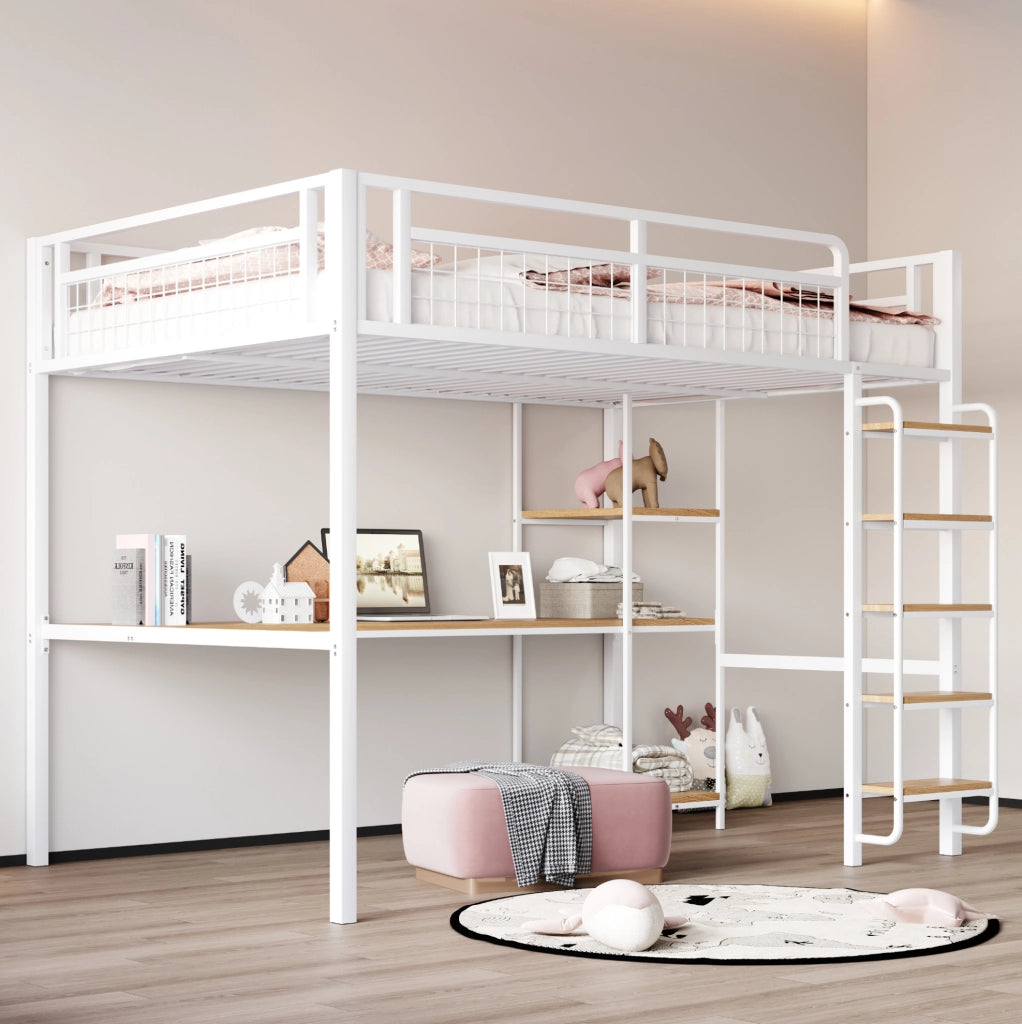 Letto a soppalco in metallo 140x200 cm con scrivania e ripiani