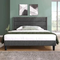Struttura Letto Matrimoniale con Rete a Doghe e Piedini antiscivolo, Testiera Imbottita in Lino,140x200 Grigio Scuro