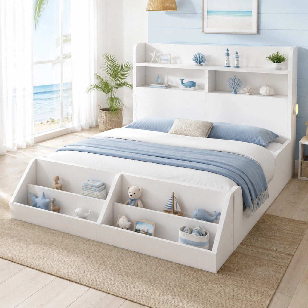 Letto matrimoniale 140x200 cm in legno bianco con luci notturne e ripiani