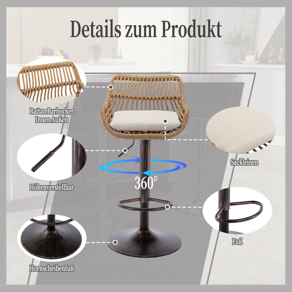 Set di 2 Sgabelli da Bar Girevoli e Regolabili in Altezza con Poggiapiedi; per Cucina e Sala da Pranzo; Lino; Beige